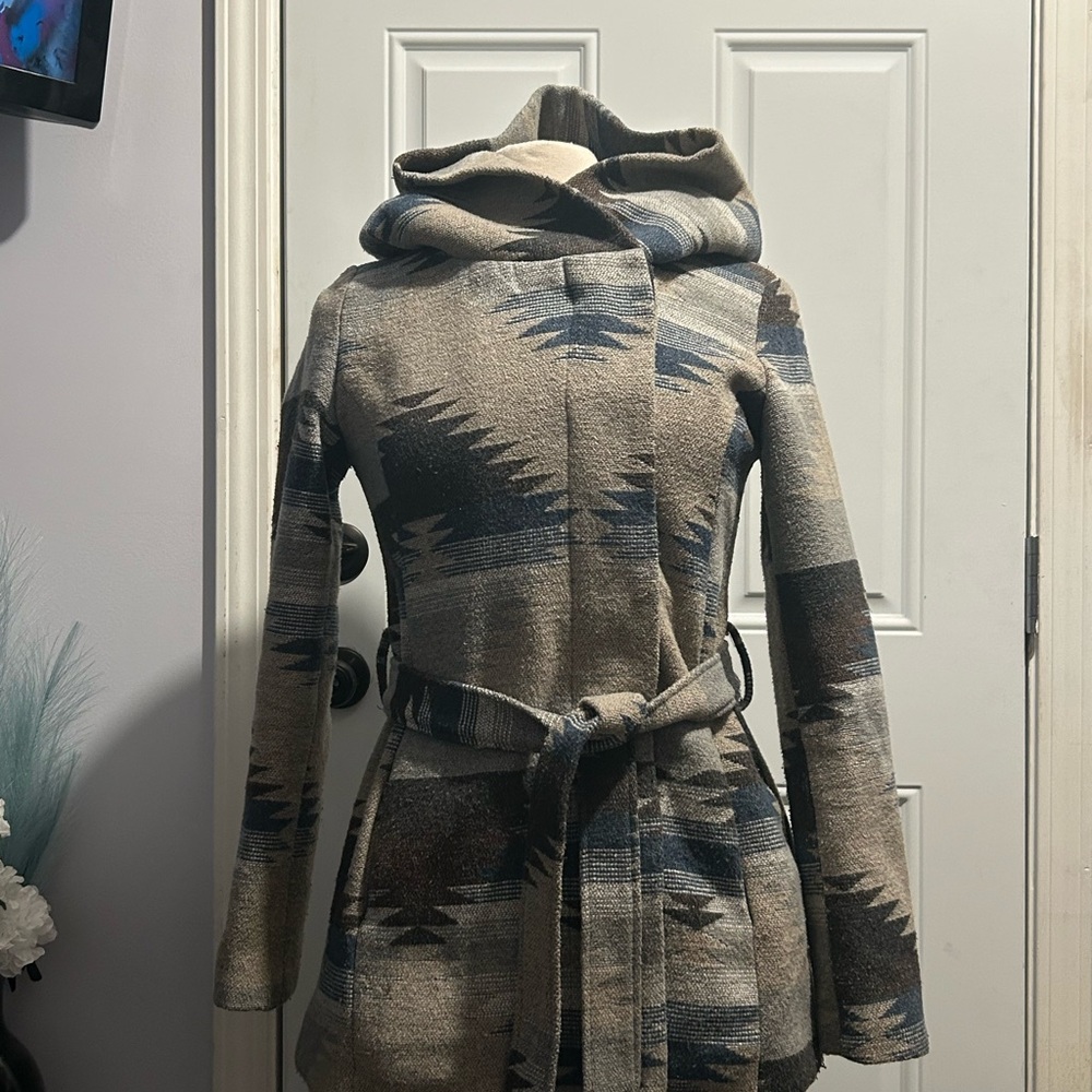 Mossimo Supply Co. Hooded Aztec-Print Belted Jacket in Tan and Blue
